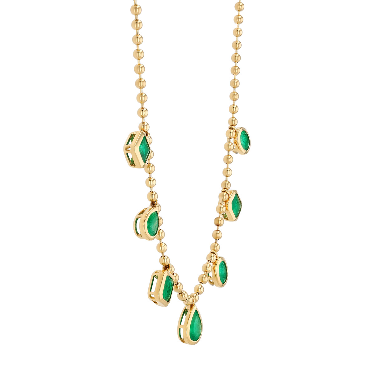 Bezel Set Multi Shape Emerald Drop Station Necklace in Yellow Gold, 18