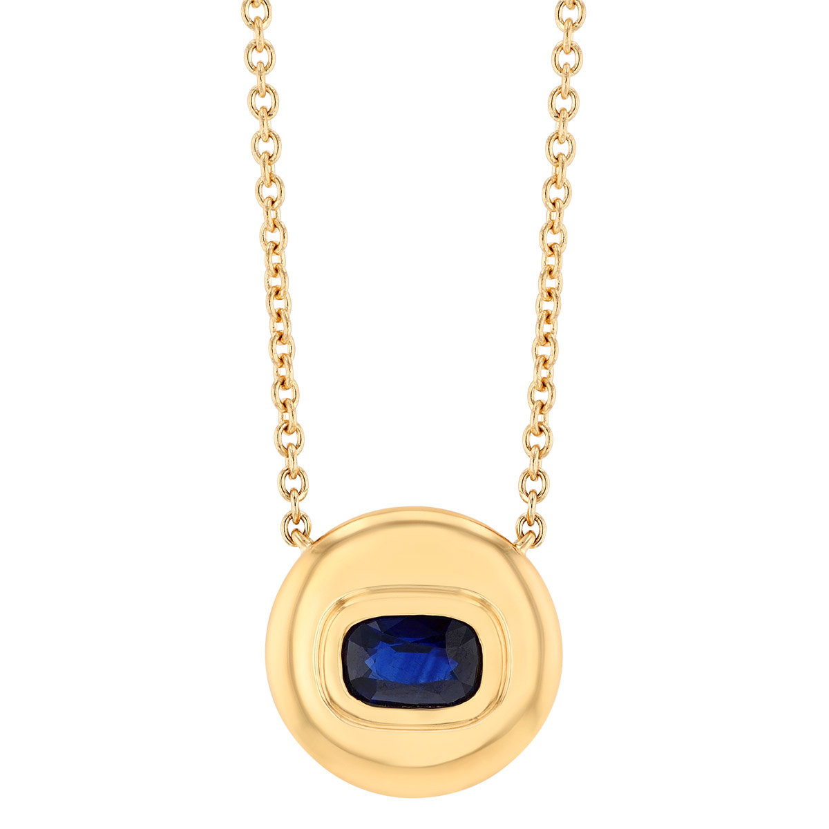 Bezel Set Cushion Cut Sapphire Round Pendant in Yellow Gold, 18
