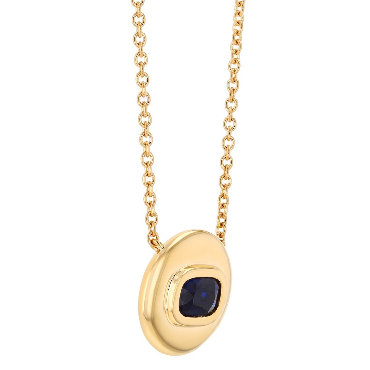 Bezel Set Cushion Cut Sapphire Round Pendant in Yellow Gold, 18