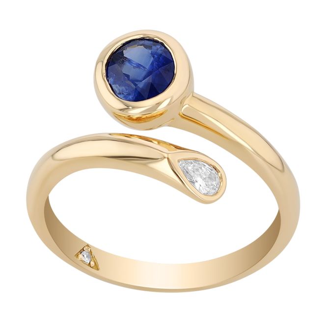 Bezel Set Oval Sapphire & Pear Shape Diamond Bypass Ring in Yellow Gold
