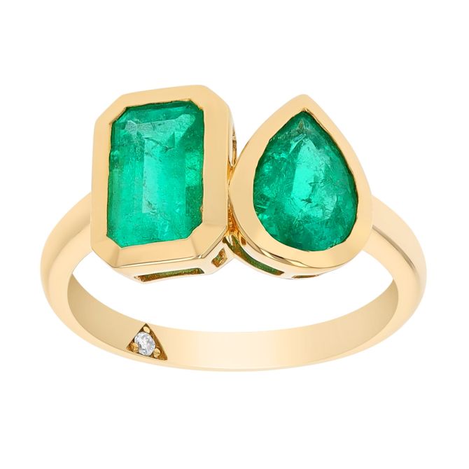 Bezel Set Pear & Emerald Cut Emerald Duo Ring in Yellow Gold
