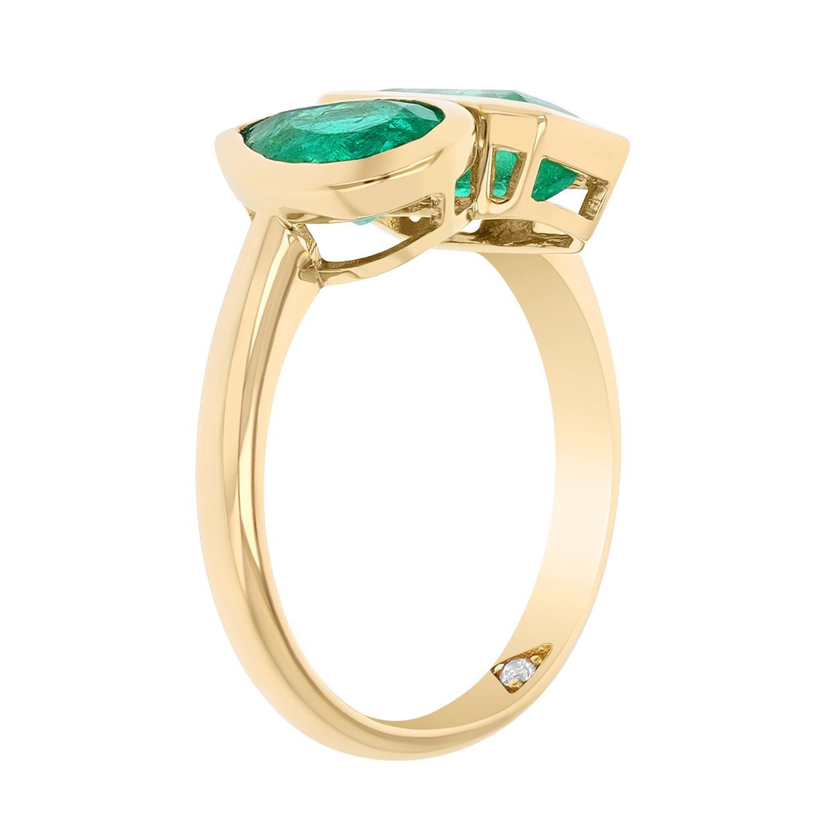 Bezel Set Pear & Emerald Cut Emerald Duo Ring in Yellow Gold