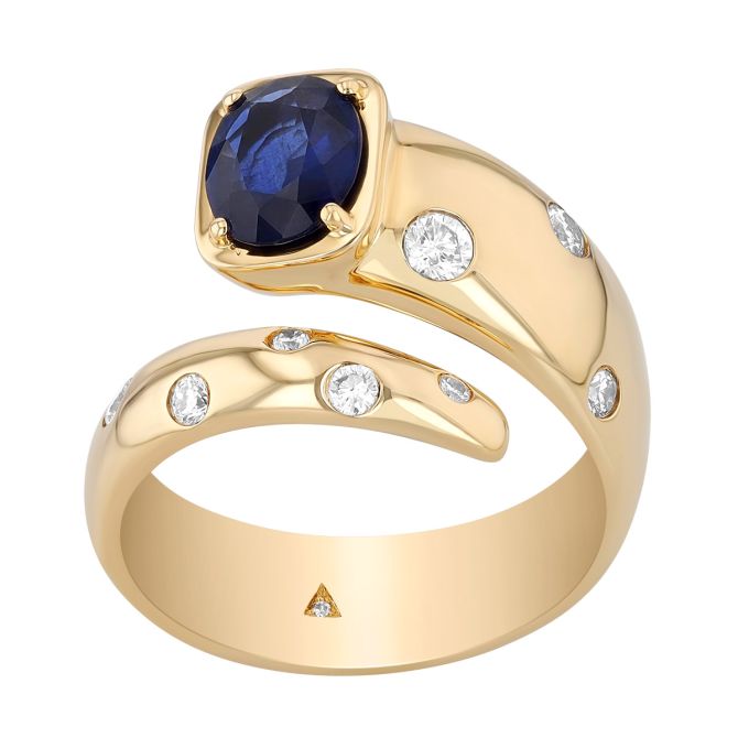 Round Sapphire & Flush Set Diamond Bypass Ring in Yellow Gold