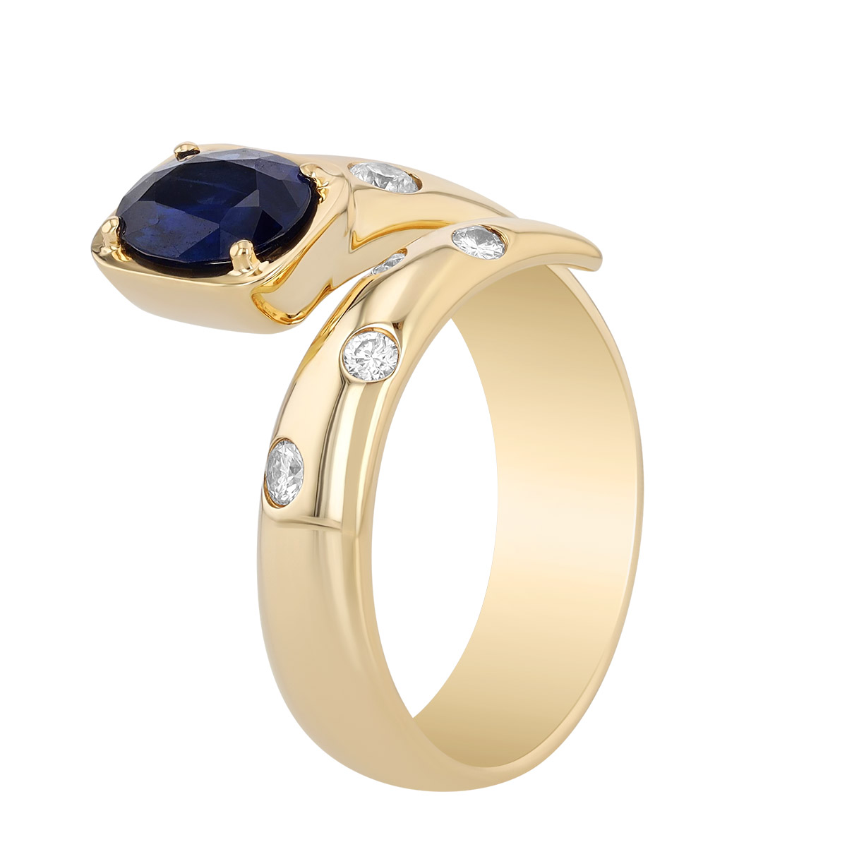 Round Sapphire & Flush Set Diamond Bypass Ring in Yellow Gold