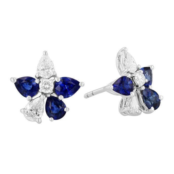 Pear Shape Sapphire & Diamond Flower Stud Earrings in White Gold