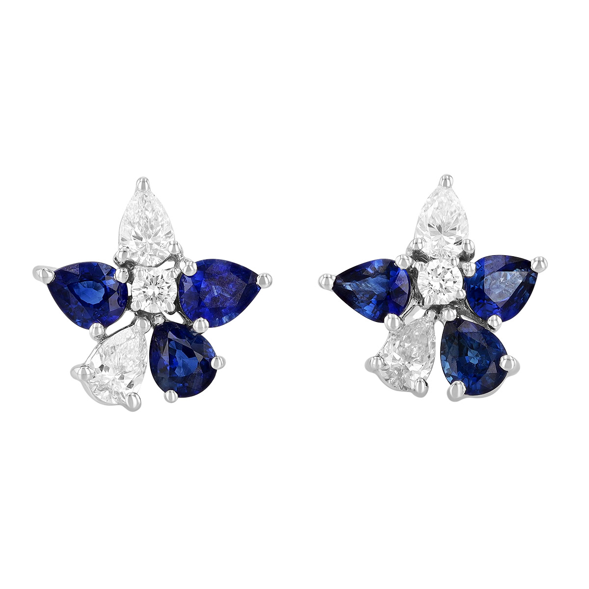 Pear Shape Sapphire & Diamond Flower Stud Earrings in White Gold