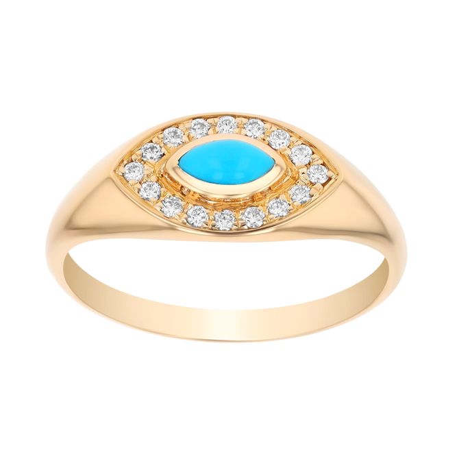 Zoe Chicco Marquise Cabochon Turquoise & Diamond Evil Eye Ring in Yellow Gold