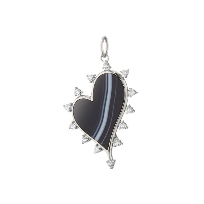 Monica Rich Kosann Black Agate Chalcedony & White Sapphire Large Heart Charm in Sterling Silver
