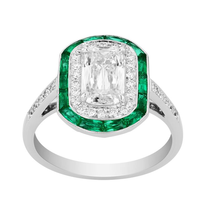Kwiat Ashoka Diamond & Emerald Halo Ring in Platinum