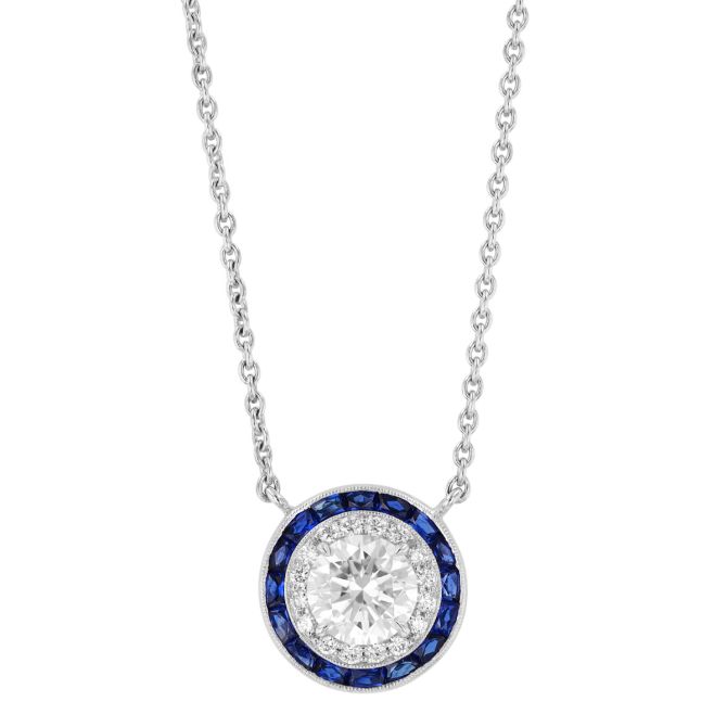 Kwiat Round Diamond & Sapphire Halo Pendant in White Gold