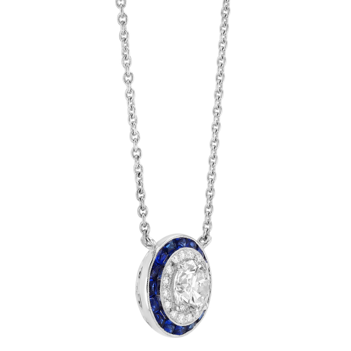Kwiat Round Diamond & Sapphire Halo Pendant in White Gold