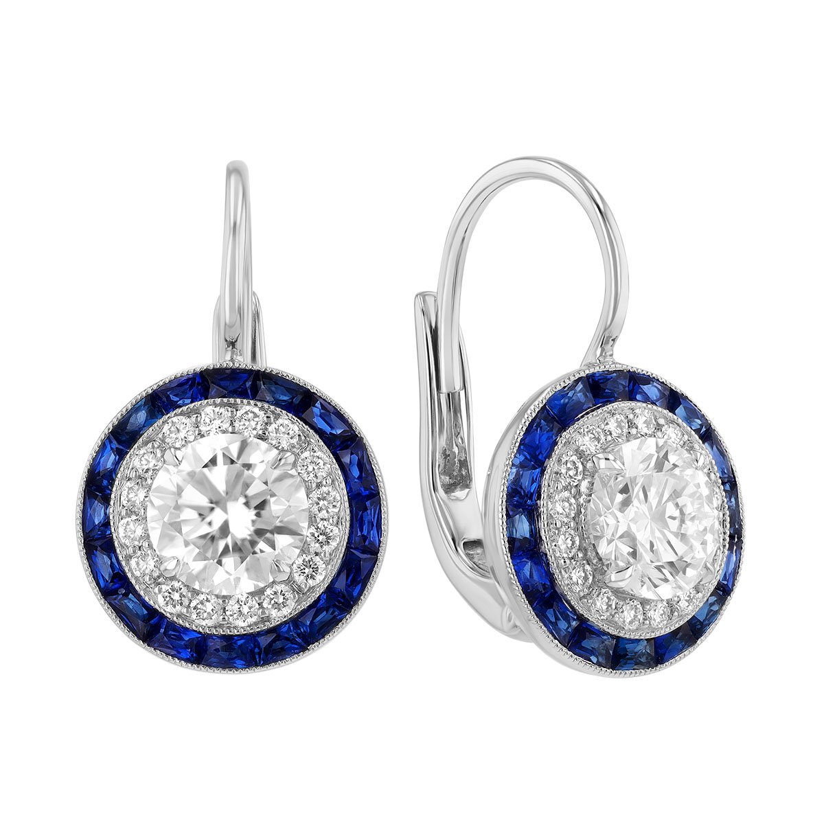 Kwiat Round Diamond & Sapphire Halo Drop Earrings in White Gold