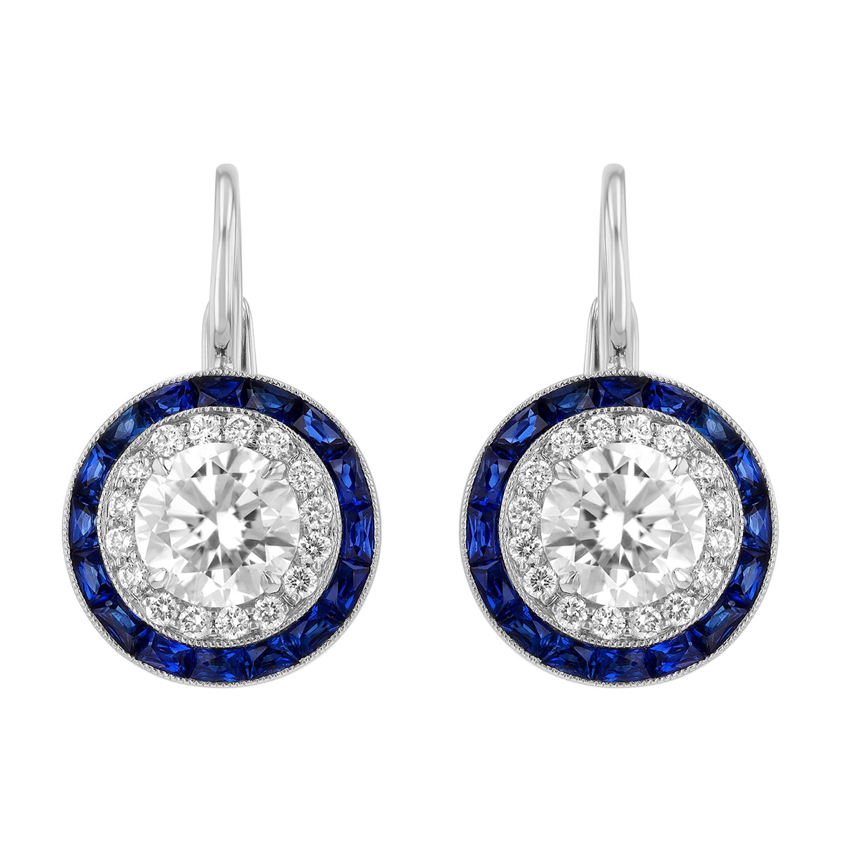 Kwiat Round Diamond & Sapphire Halo Drop Earrings in White Gold