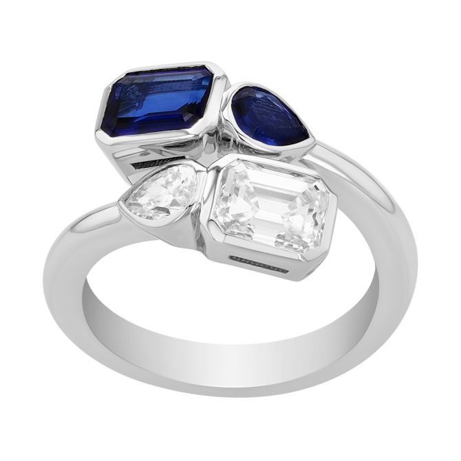 J.B. Star Emerald Cut & Pear Shape Sapphire & Diamond Bypass Ring in Platinum