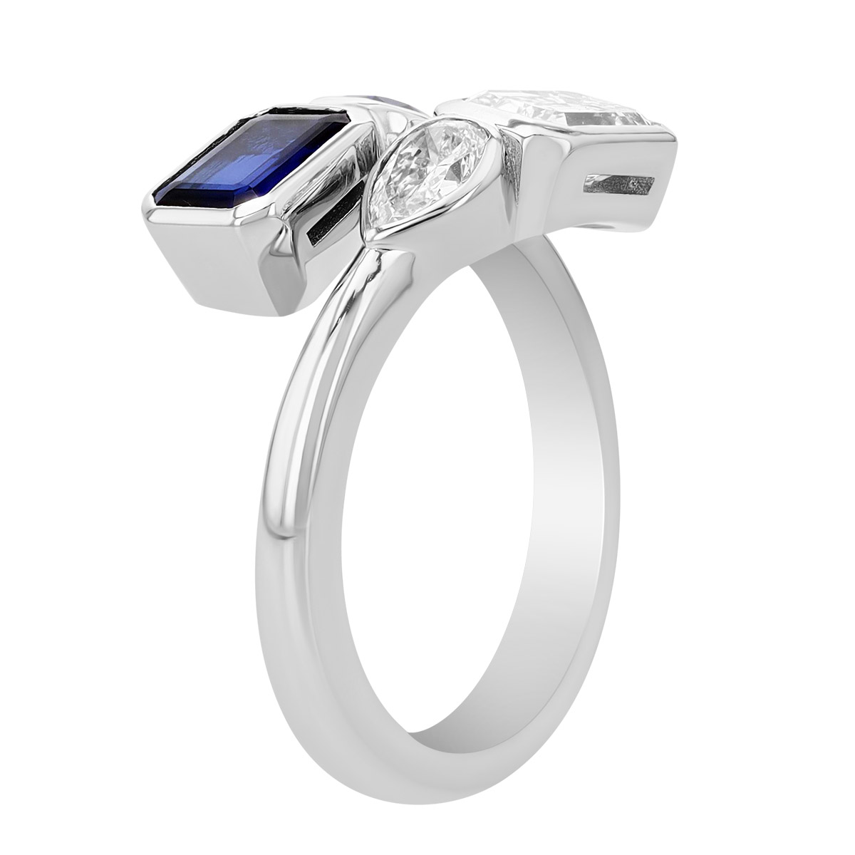 J.B. Star Emerald Cut & Pear Shape Sapphire & Diamond Bypass Ring in Platinum