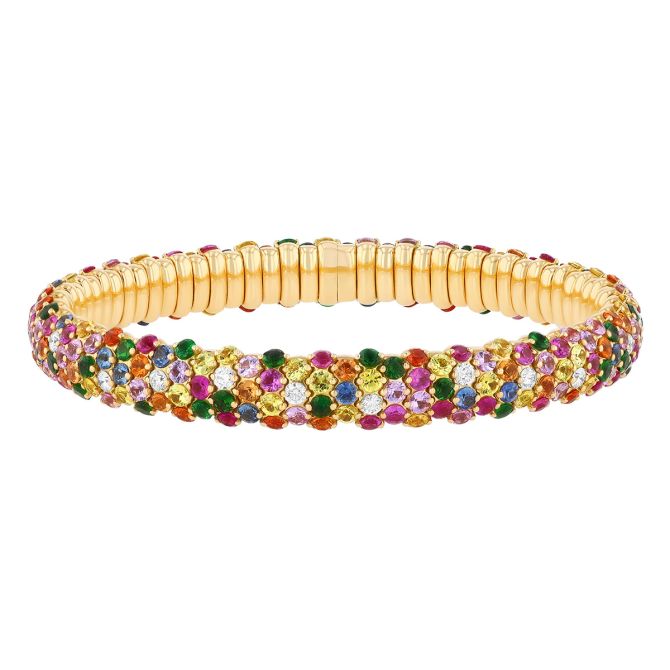 Zydo Collection Multicolored Sapphire, Tsavorite Garnet, & Diamond Stretch Bracelet in Yellow Gold