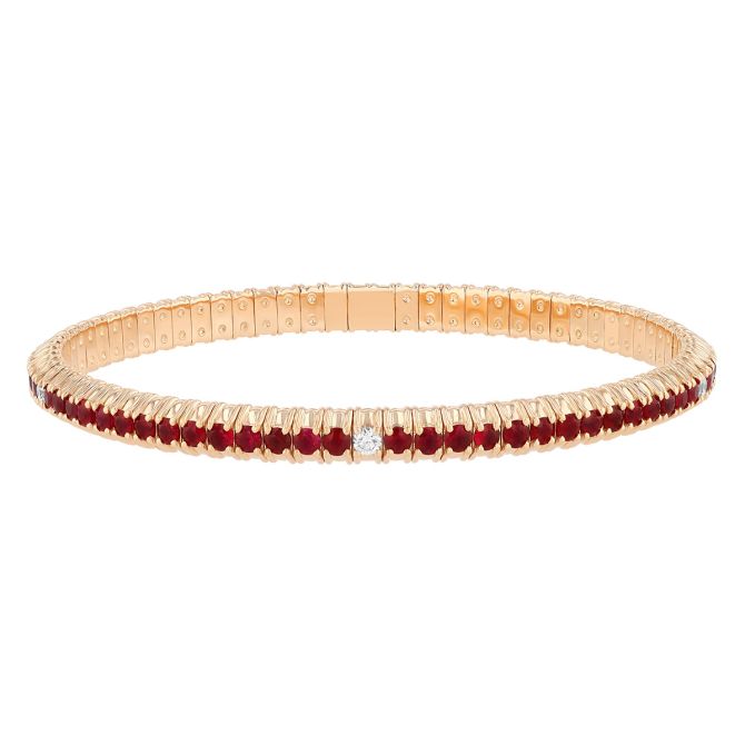 Zydo Collection Ruby & Diamond Single Row Stretch Bracelet in Yellow Gold