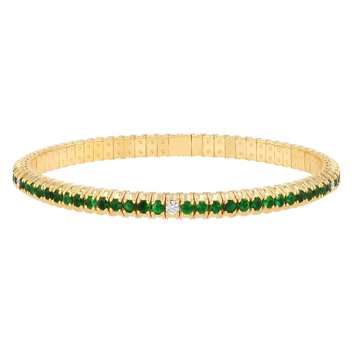 Zydo Collection Tsavorite Garnet & Diamond Single Row Stretch Bracelet in Yellow Gold