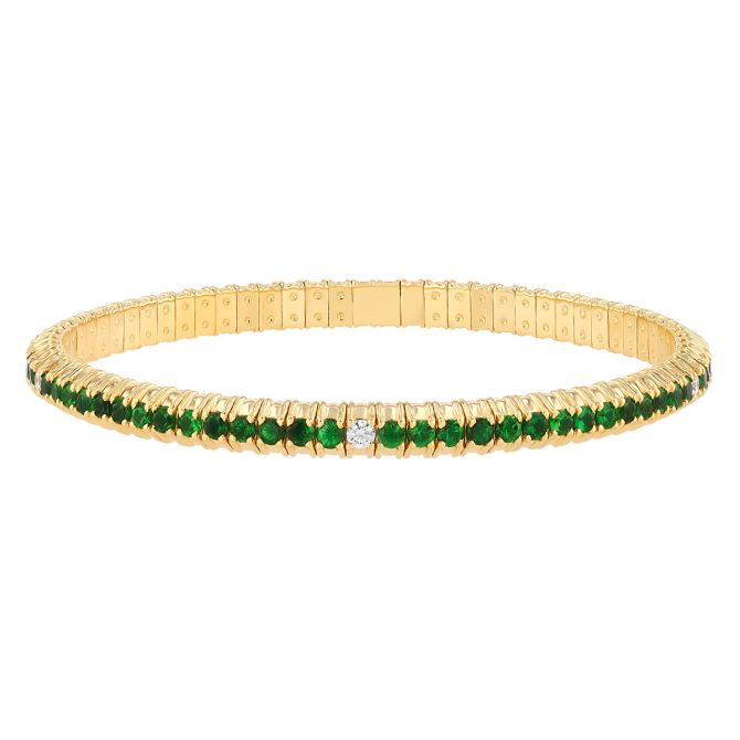 Zydo Collection Tsavorite Garnet & Diamond Single Row Stretch Bracelet in Yellow Gold