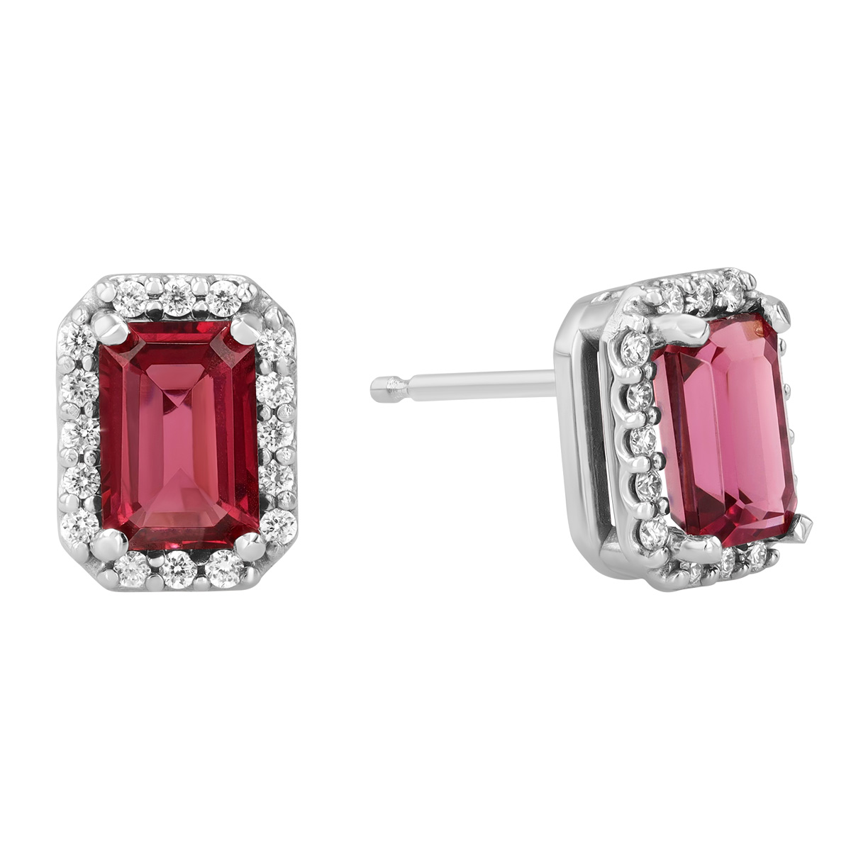 Emerald Cut Tourmaline & Diamond Halo Stud Earrings in White Gold