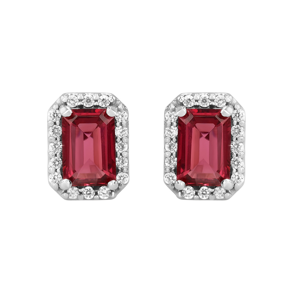 Emerald Cut Tourmaline & Diamond Halo Stud Earrings in White Gold