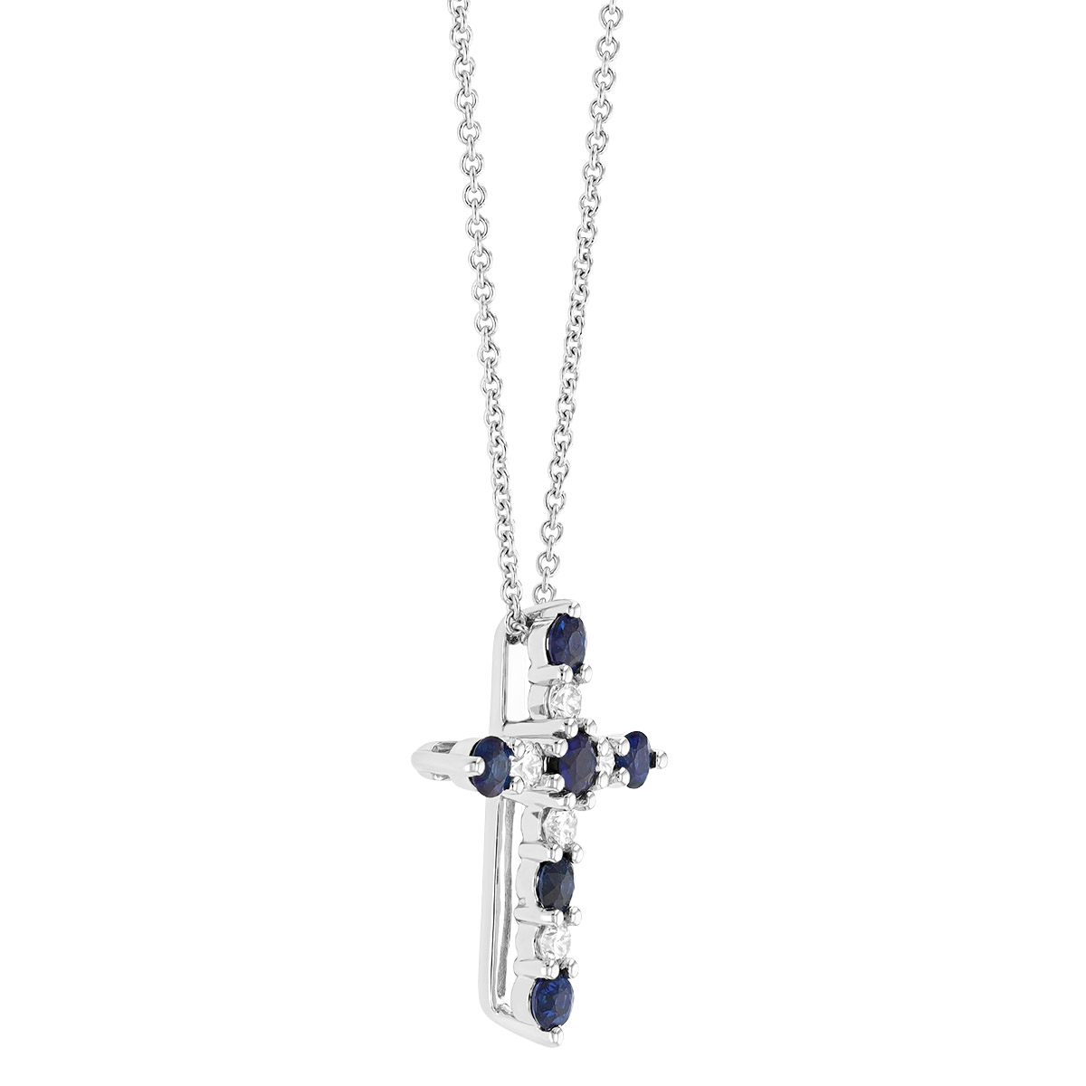 Sapphire & Diamond Cross Pendant in White Gold, 18