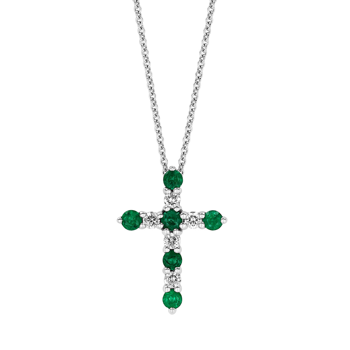 Round Emerald & Diamond Cross Pendant in White Gold, 18