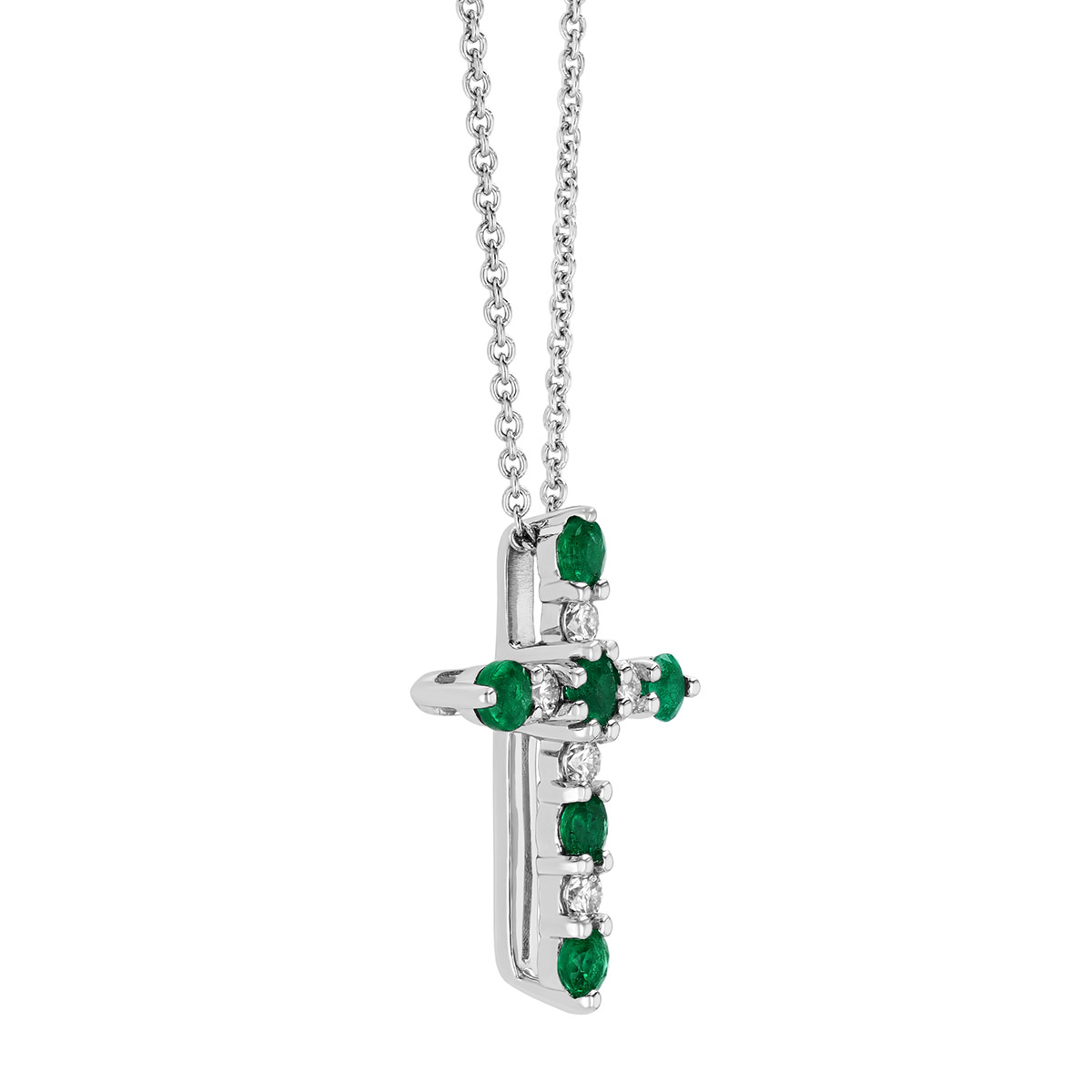 Round Emerald & Diamond Cross Pendant in White Gold, 18