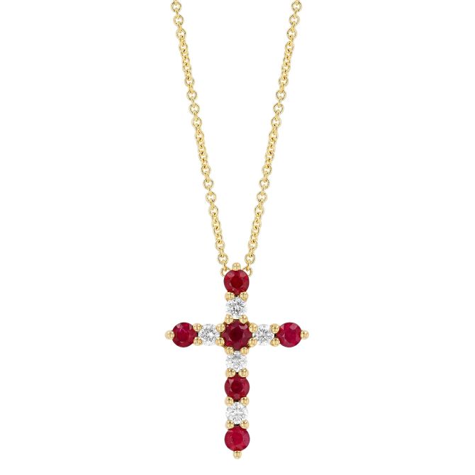 Ruby & Diamond Cross Pendant in Yellow Gold