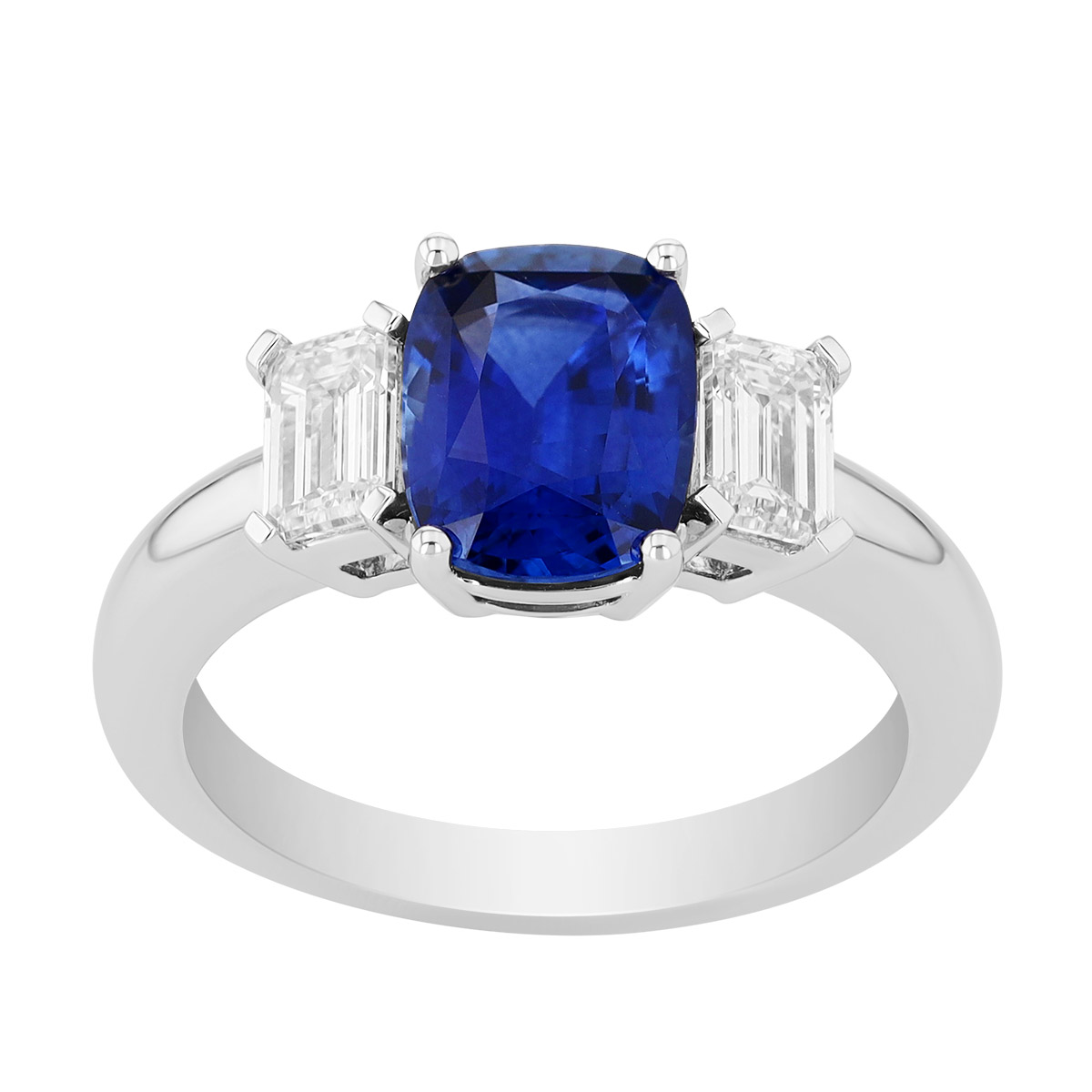 Cushion Cut Sapphire & Emerald Cut Diamond 3 Stone Ring in White Gold