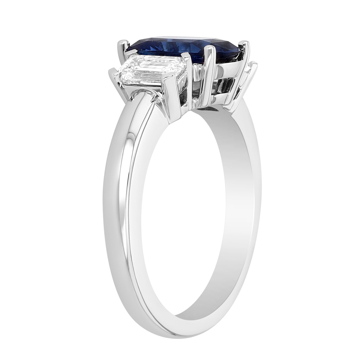 Cushion Cut Sapphire & Emerald Cut Diamond 3 Stone Ring in White Gold