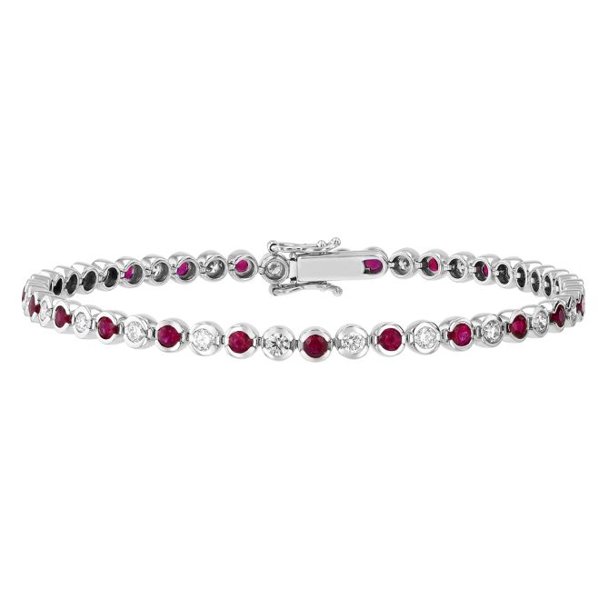 Split Bezel Round Ruby & Diamond Tennis Bracelet in White Gold, 7"