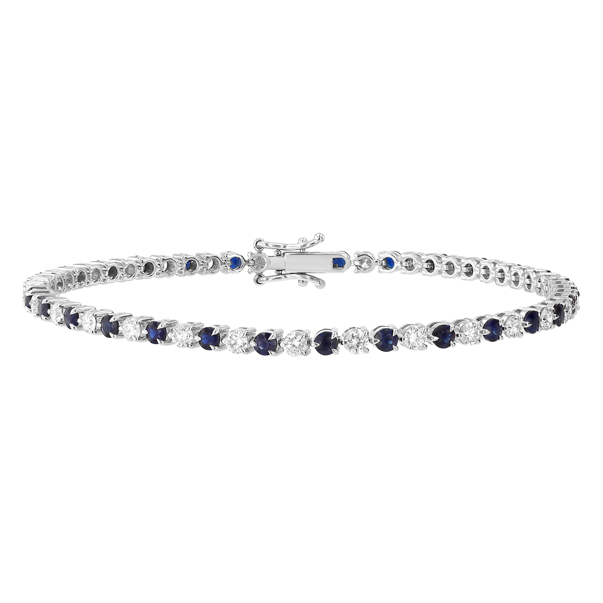 Round Sapphire & Diamond 3 Prong Tennis Bracelet in White Gold, 7