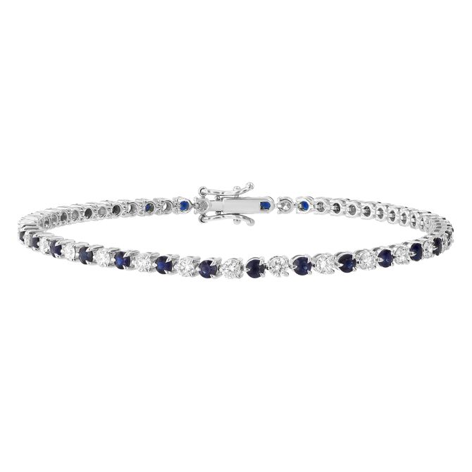 Round Sapphire & Diamond 3 Prong Tennis Bracelet in White Gold, 7"