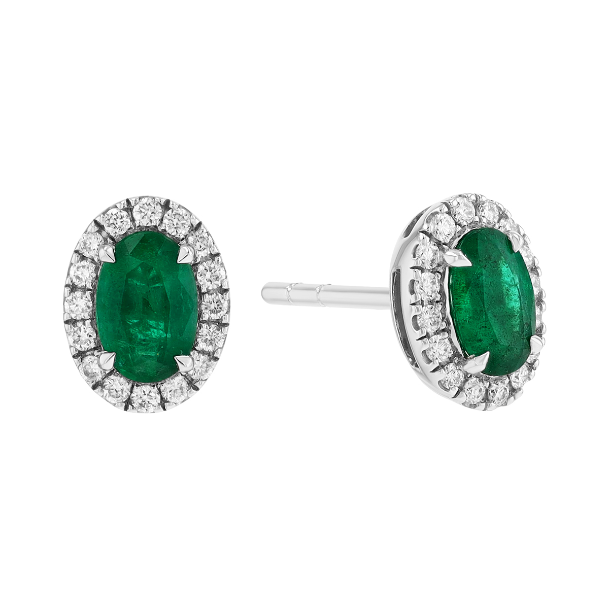 Oval Emerald & Diamond Halo Stud Earrings in White Gold