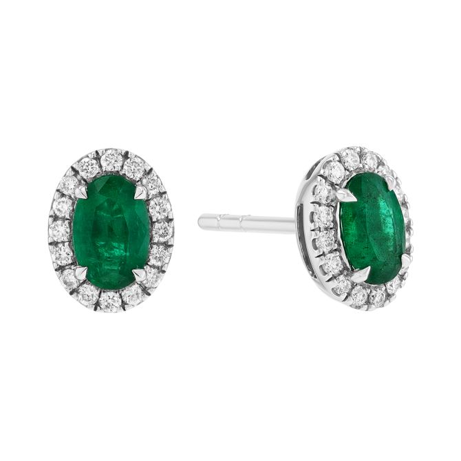 Oval Emerald & Diamond Halo Stud Earrings in White Gold