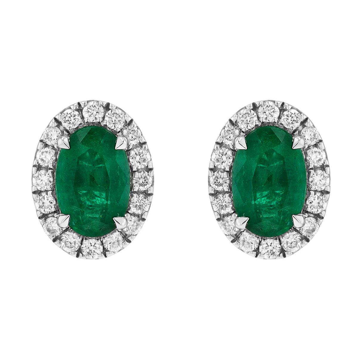 Oval Emerald & Diamond Halo Stud Earrings in White Gold