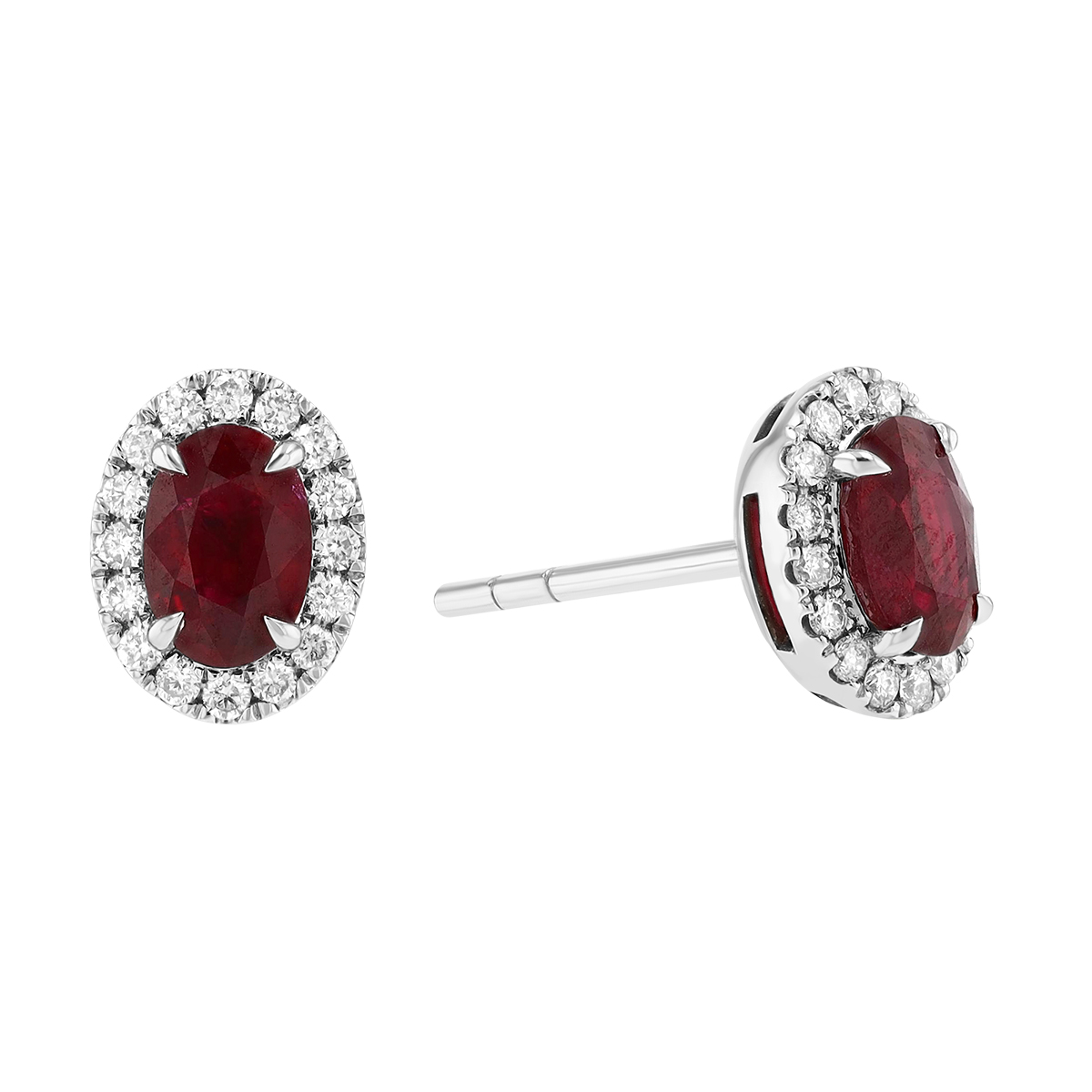 Oval Ruby & Diamond Halo Stud Earrings in White Gold