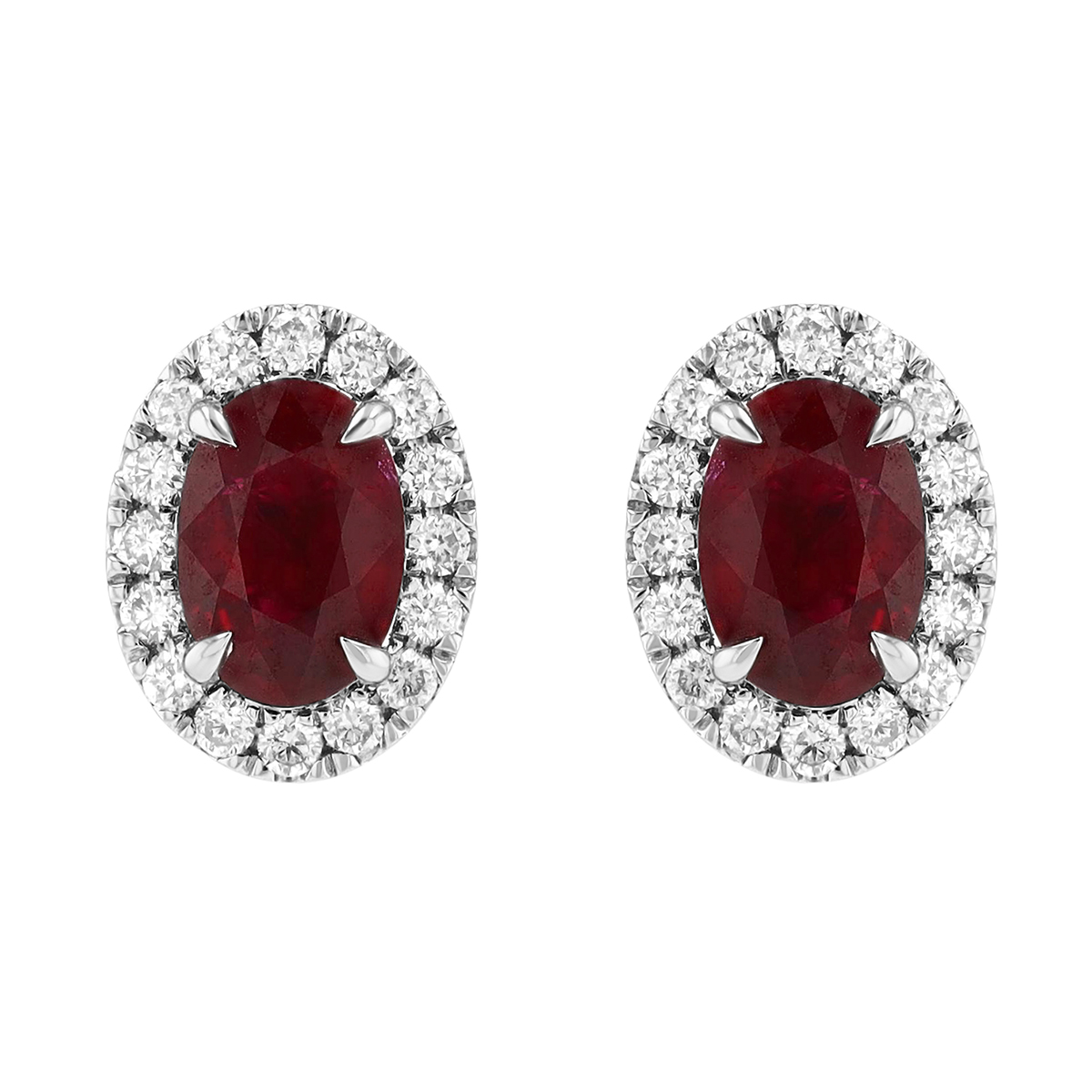 Oval Ruby & Diamond Halo Stud Earrings in White Gold