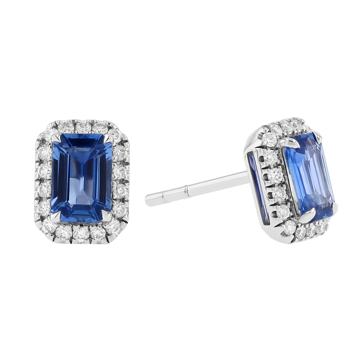Emerald Cut Sapphire & Diamond Halo Stud Earrings in White Gold