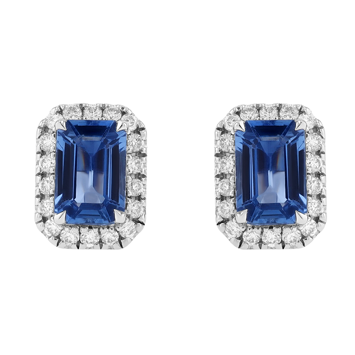 Emerald Cut Sapphire & Diamond Halo Stud Earrings in White Gold