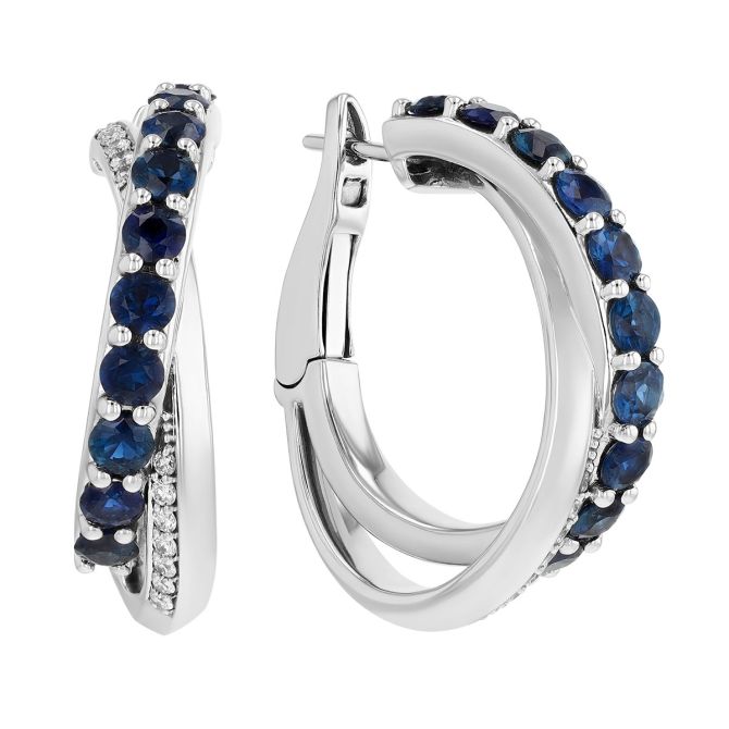 Sapphire & Diamond 2 Row Criss Cross Hoop Earrings in White Gold