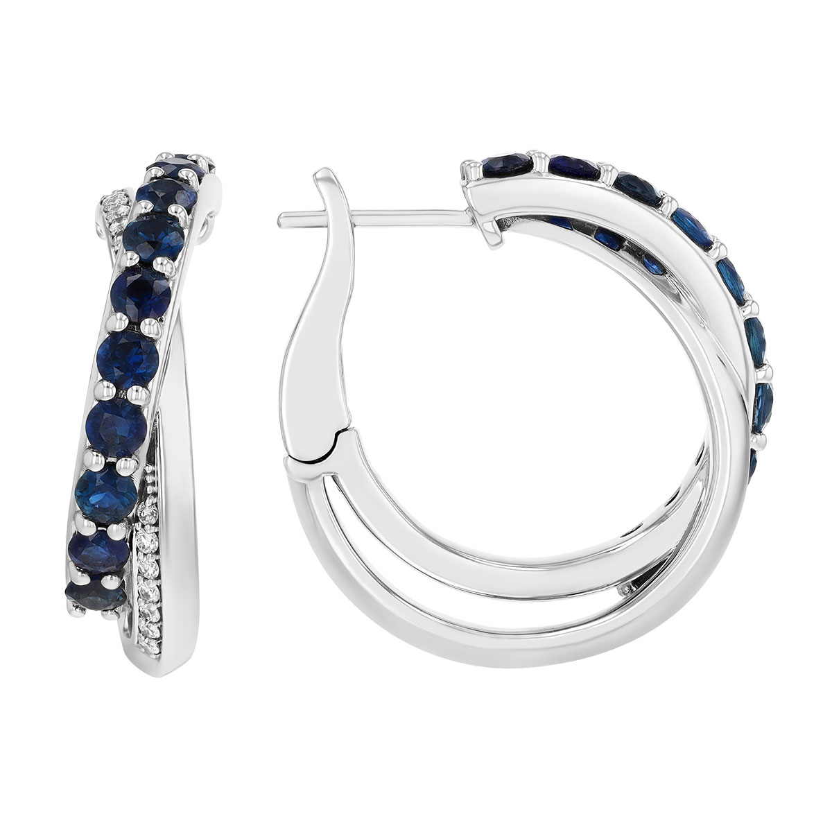 Sapphire & Diamond 2 Row Criss Cross Hoop Earrings in White Gold