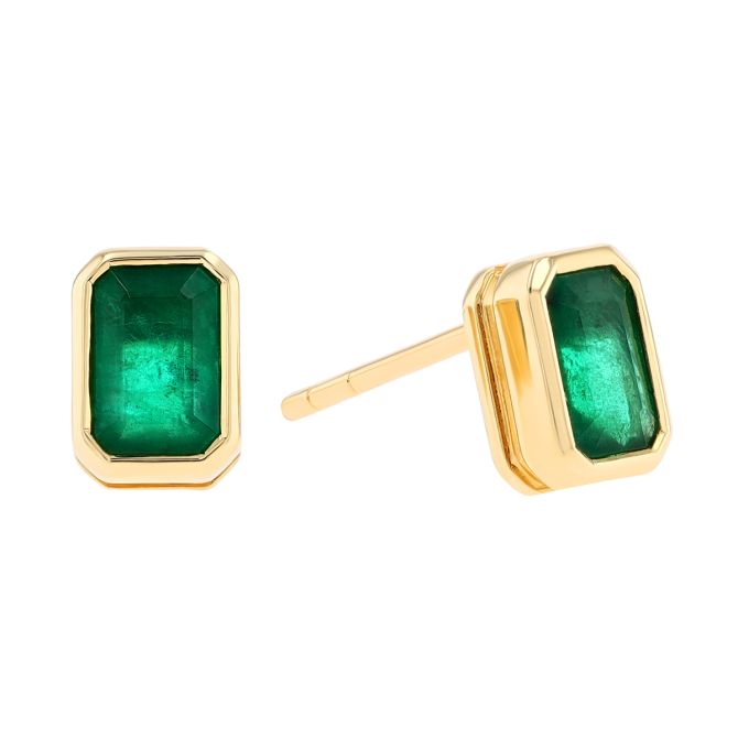 Bezel Set Emerald Cut Emerald Stud Earrings in Yellow Gold