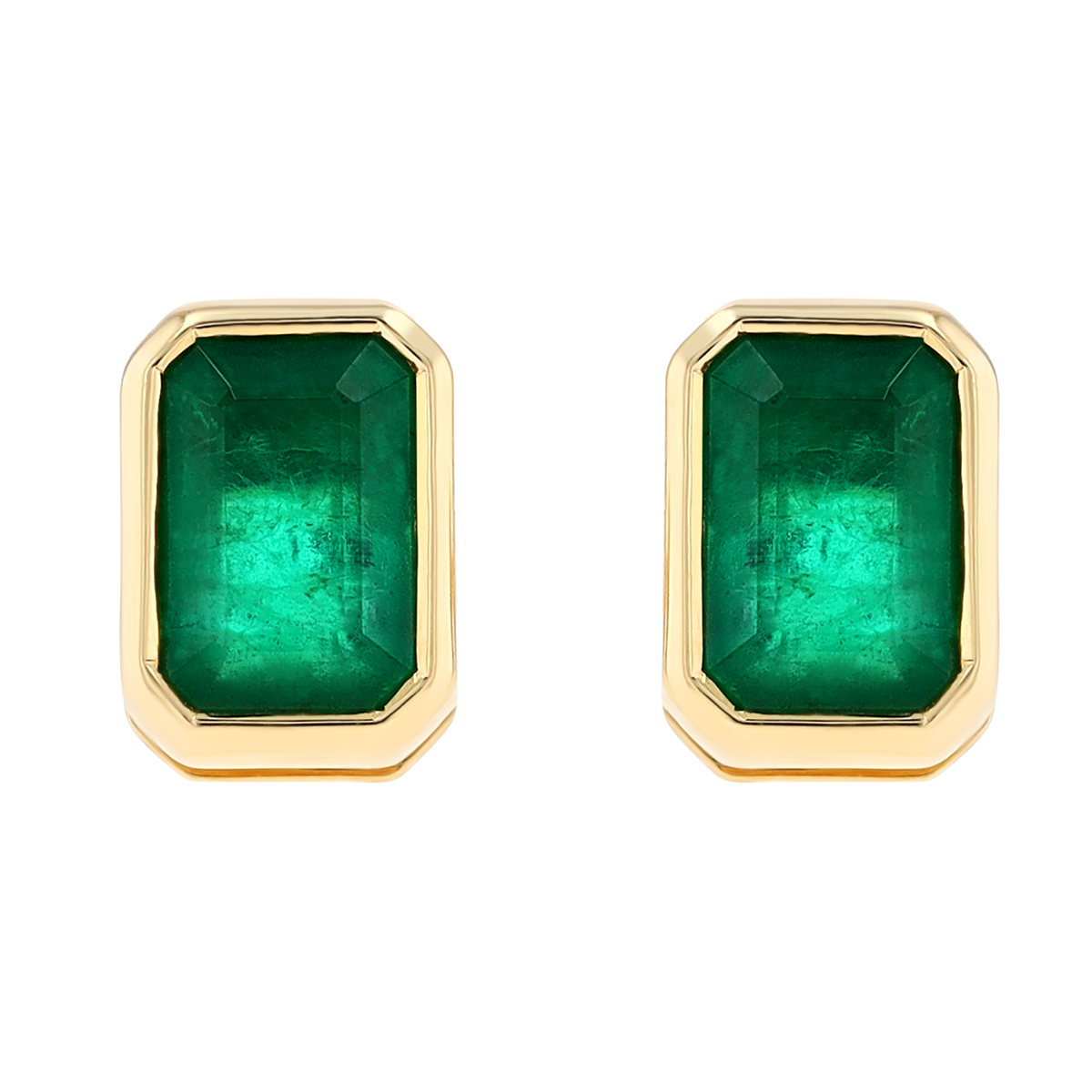 Bezel Set Emerald Cut Emerald Stud Earrings in Yellow Gold