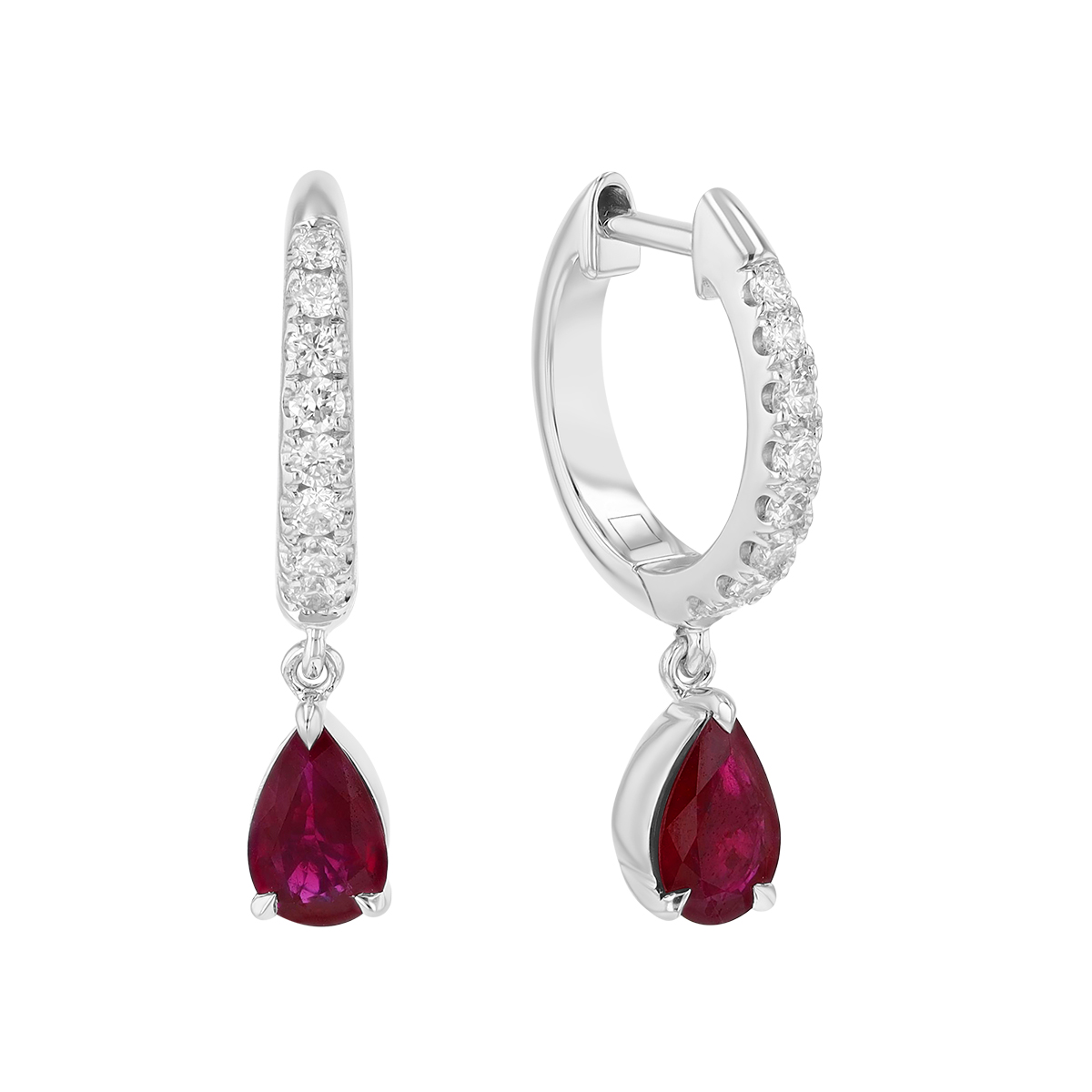 Pear Shape Ruby & Diamond Dangle Hoop Earrings in White Gold
