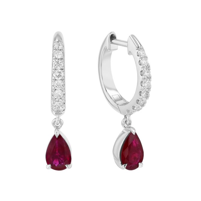 Pear Shape Ruby & Diamond Dangle Hoop Earrings in White Gold