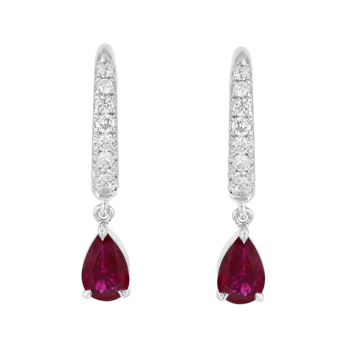 Pear Shape Ruby & Diamond Dangle Hoop Earrings in White Gold