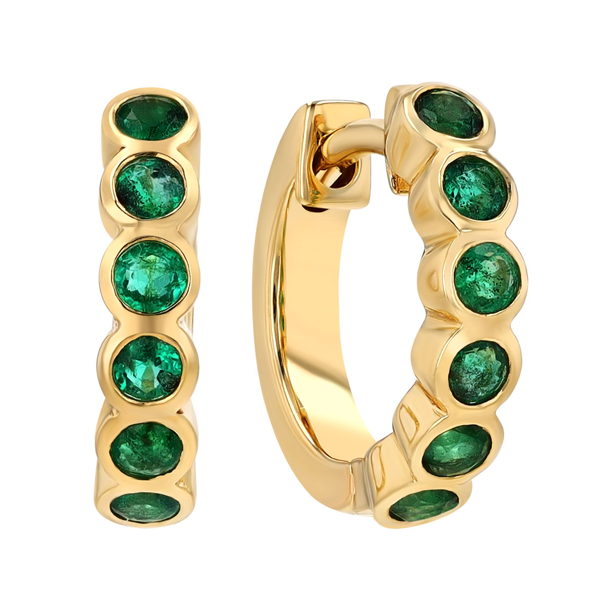 Emerald Bezel Set Huggie Hoop Earrings in Yellow Gold