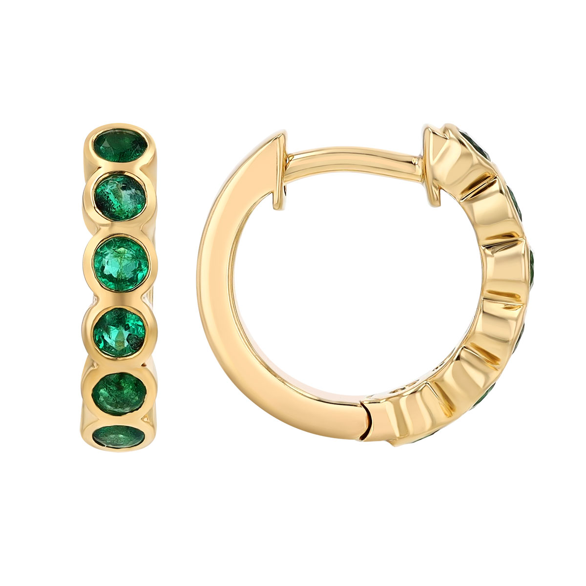 Emerald Bezel Set Huggie Hoop Earrings in Yellow Gold
